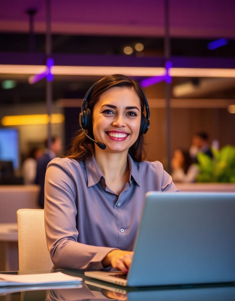 Office assistant on headset supporting franchise operations